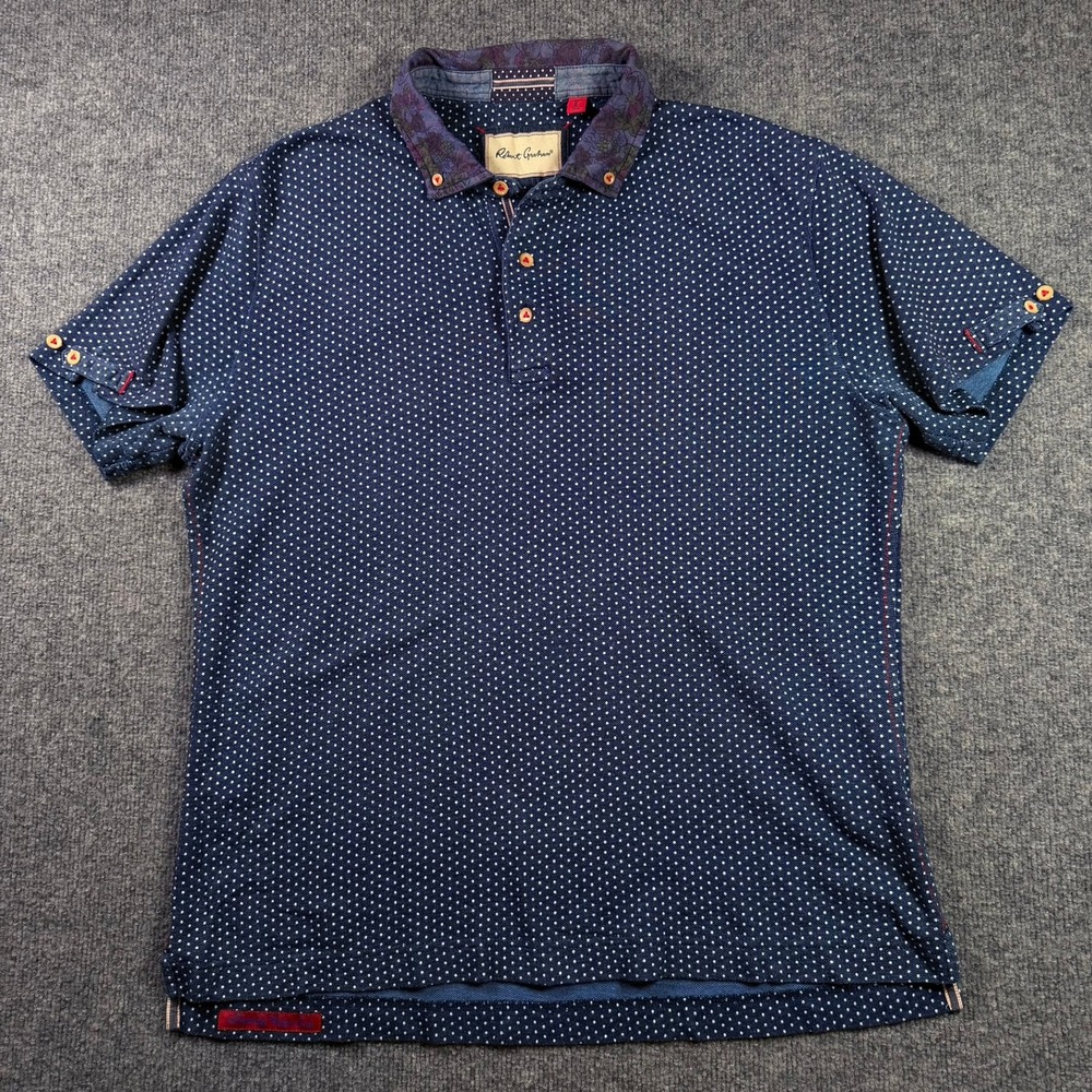 Robert Graham Polo Shirt Mens L Navy Blue Polka Dot Floral Trim Tailored Fit